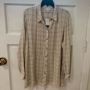 NWT J. Jill Neutral Plaid Pintuck Peplum Bottom Button Down Viscose Shirt Sz XL
